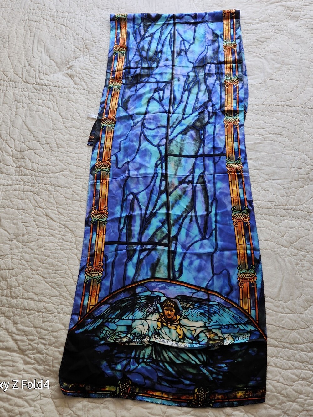 Blue Stained-Glass Inspired Silk Scarf with Angel Motif